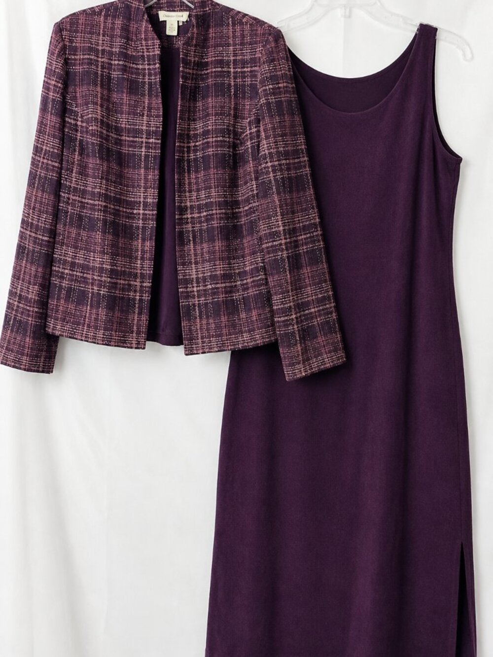 Coldwater Creek 2 Pc Dress Set Size 16 Purple Plaid Jacket Midi Dress Women